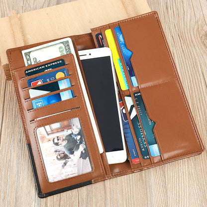 RFID Blocking Genuine Leather Long Wallet with Phone Pocket – Vintage Travel Clutch for Men