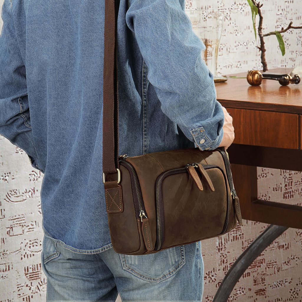 Retro Crazy Horse Cow Leather Square Bag – Men’s Vintage Crossbody Pouch
