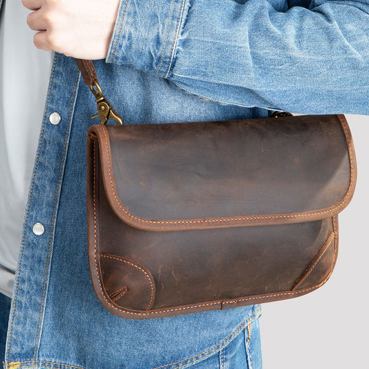Retro Crazy Horse Cow Leather Square Bag – Men’s Vintage Crossbody Pouch