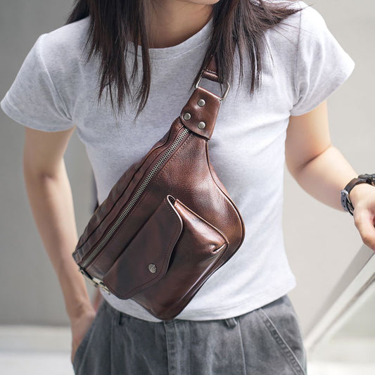 Unisex Genuine Leather Vintage Sports Fanny Pack Chest & Waist Sling Bag
