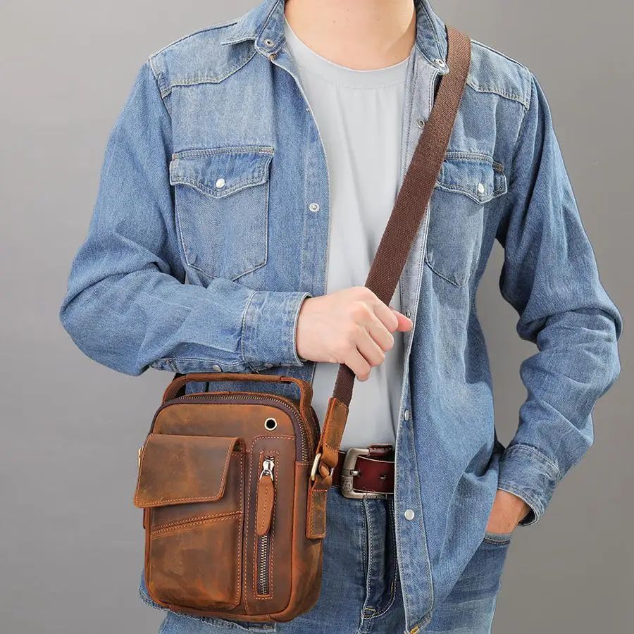 Vintage Crazy Horse Cow Leather Mini Satchel – Men’s Top-Handle & Crossbody Bag