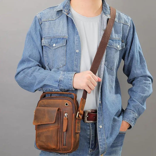 Vintage Crazy Horse Cow Leather Mini Satchel – Men’s Top-Handle & Crossbody Bag
