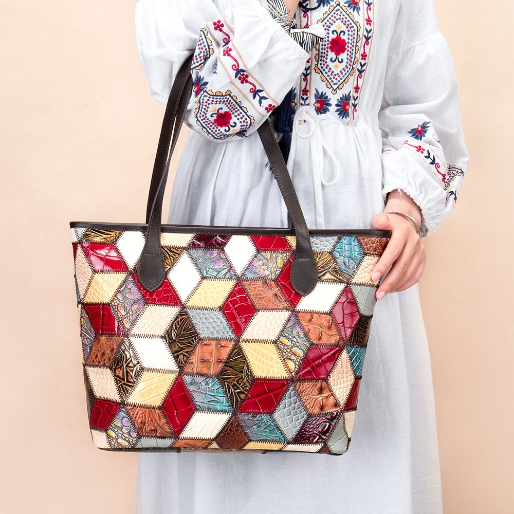 Women’s Genuine Leather Vintage Patchwork Tote Handbag