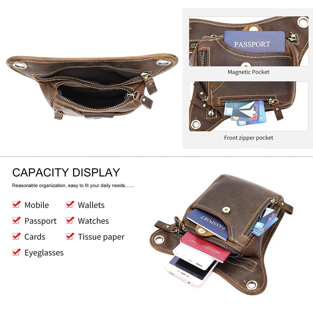 Crazy Horse Cow Leather Belt Bag – Men’s Waist, Crossbody & Motorcycle Riding Pouch