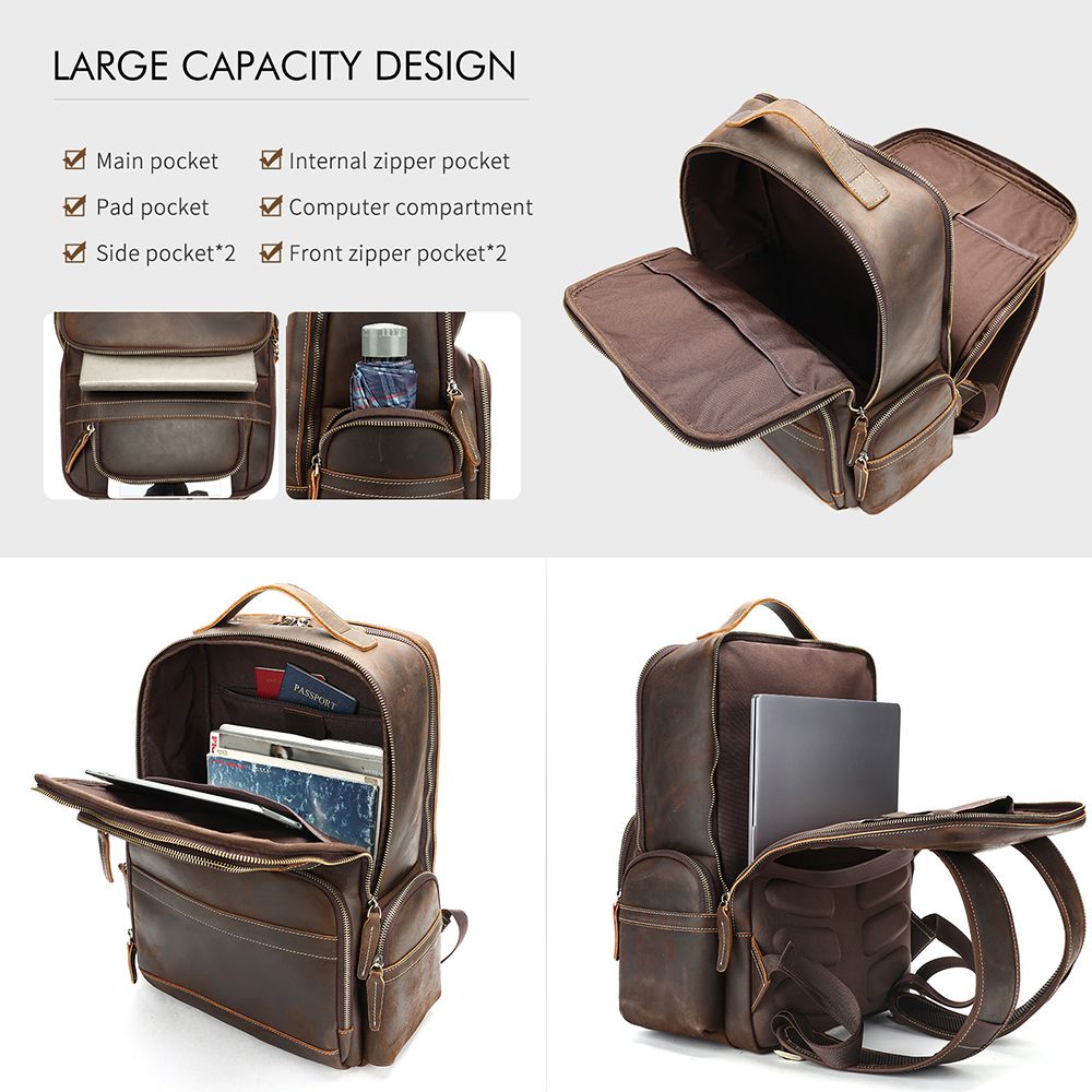 Crazy Horse Genuine Leather 16″ Laptop Backpack – Large Capacity Waterproof Travel & Hiking Bag for Men