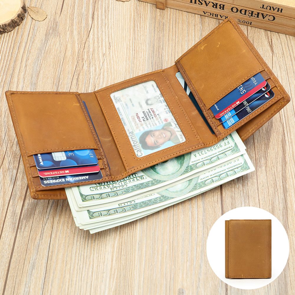 Crazy Horse Genuine Leather Men’s Trifold Wallet – Vintage Slim Design with Button Strap