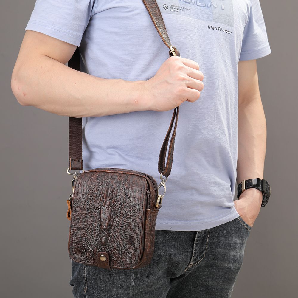 Crocodile-Print Leather Small Crossbody Sling Bag – Waterproof Messenger for Daily Work