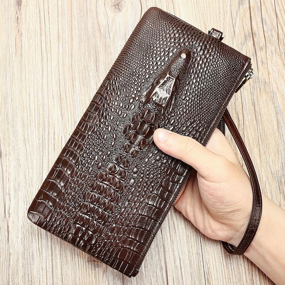 Crocodile Texture Genuine Leather Long Clutch Wallet with Wristlet – Checkbook & Cash Organiser