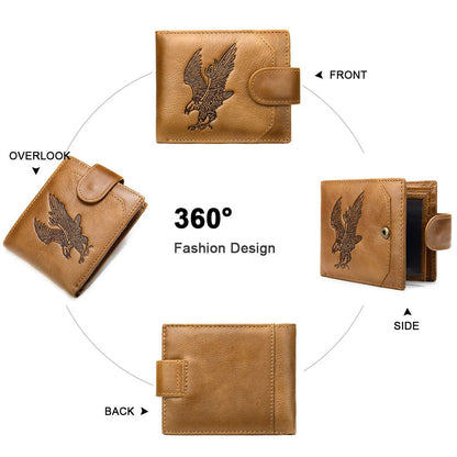 Eagle Embossed Cow Leather Bifold Wallet – Compact Short Wallet