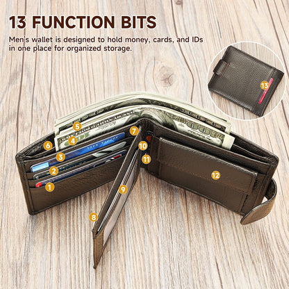 Genuine Cow Leather Short Bifold Wallet with Coin Pocket – Slim & Waterproof