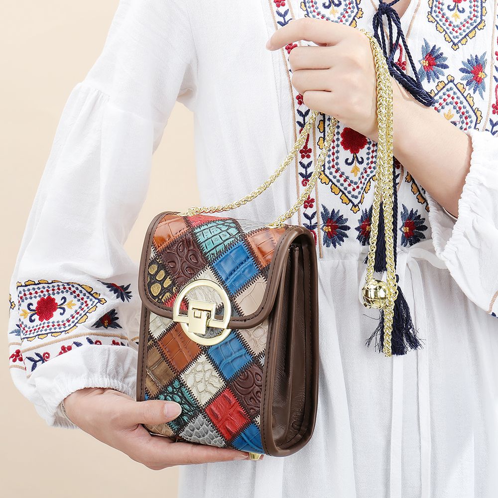 Women’s Genuine Leather Bohemia Patchwork Chain Shoulder Bag