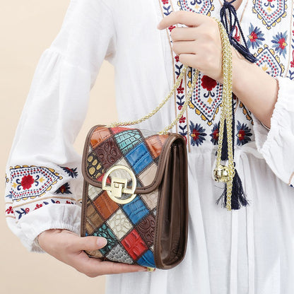 Women’s Genuine Leather Bohemia Patchwork Chain Shoulder Bag