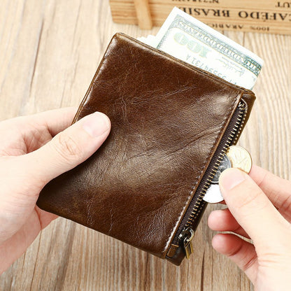 Genuine Leather Card Holder Wallet – RFID-Safe with Zipper Coin Pocket