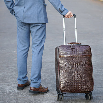 Men’s Genuine Leather Crocodile-Pattern 20″ Carry-On Trolley Suitcase