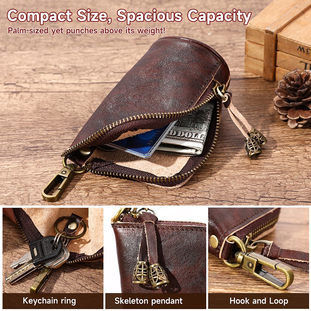 Leather Zipper Coin Purse – Mini Vintage Wallet for Men