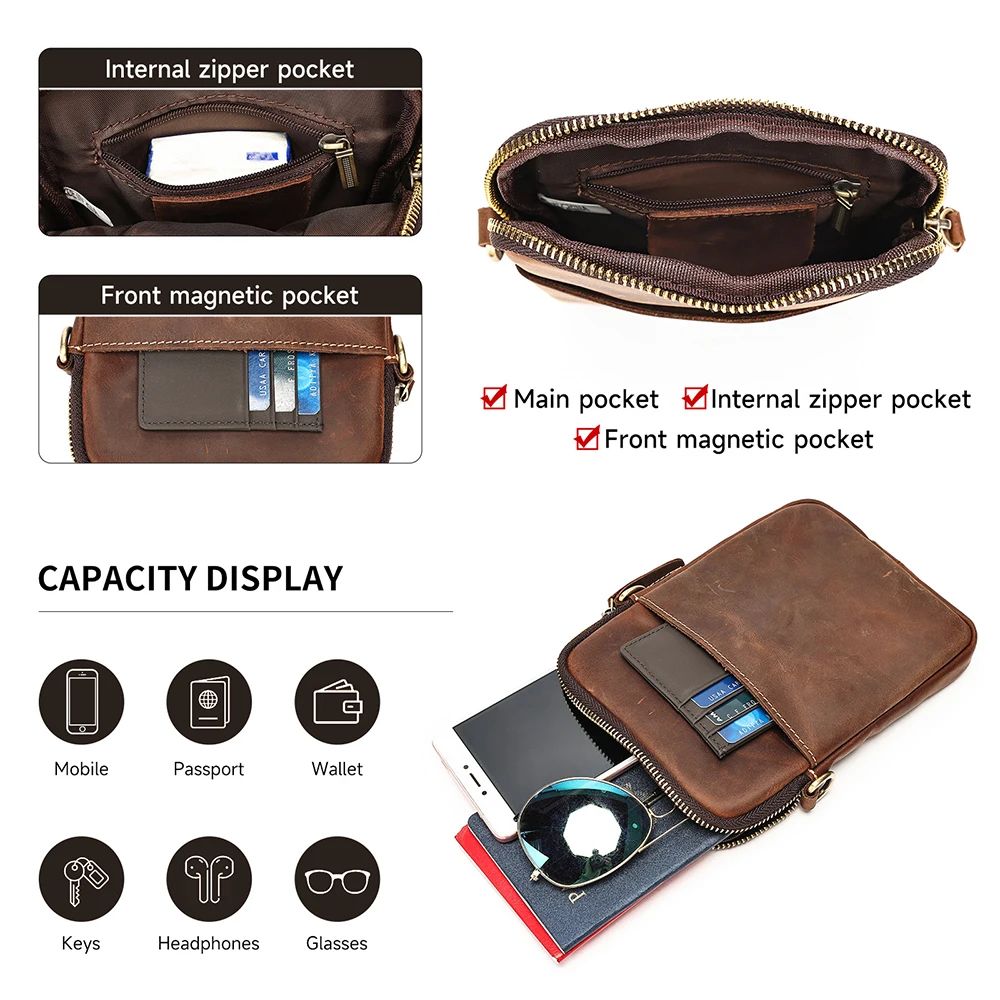 Men’s Crazy Horse Genuine Cow Leather Phone Pouch – Vintage Crossbody Messenger Bag