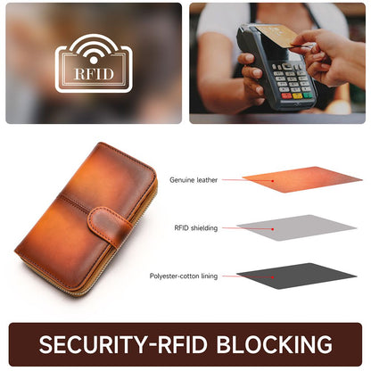 RFID-Blocking Genuine Leather Long Wallet – Large Capacity Card Holder