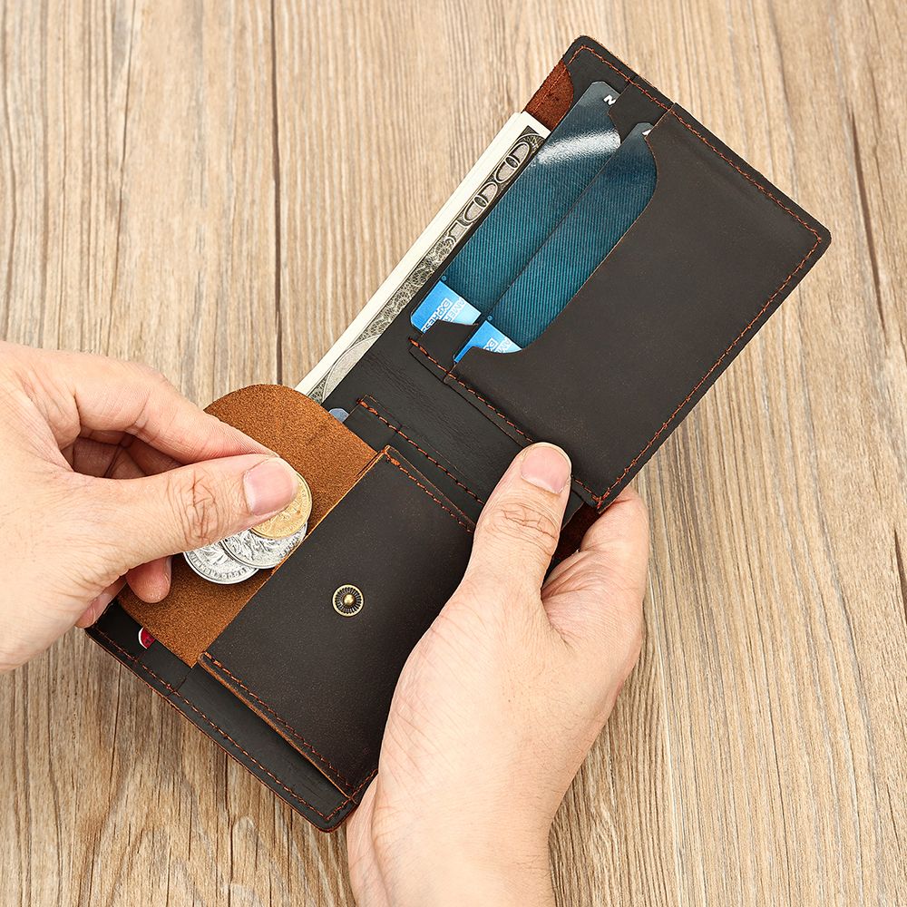 Vintage Genuine Leather Short Bifold Wallet with Coin Pocket – Waterproof Design