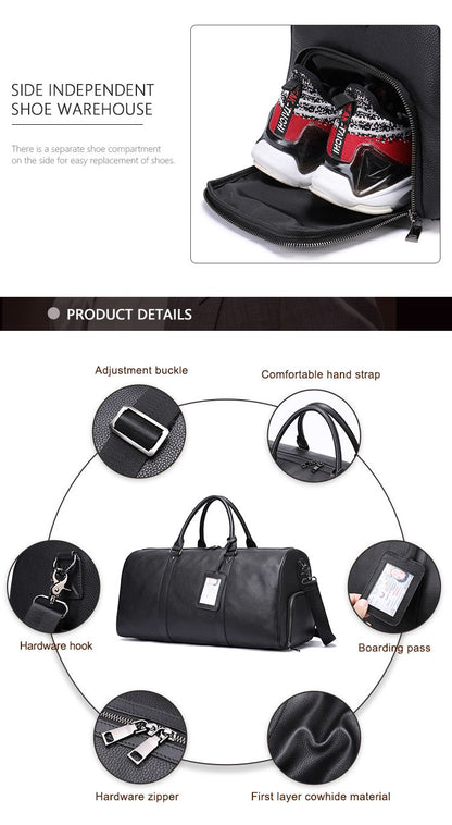 Water-Resistant Crazy Horse Cow Leather Large-Capacity Duffel – Men’s Travel & Outdoor Bag