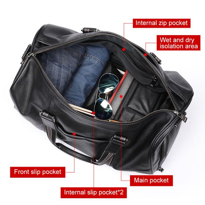 Water-Resistant Crazy Horse Cow Leather Weekend Duffel – Men’s Travel Bag with Shoe Compartment