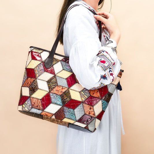 Women’s Genuine Leather Vintage Patchwork Tote Handbag