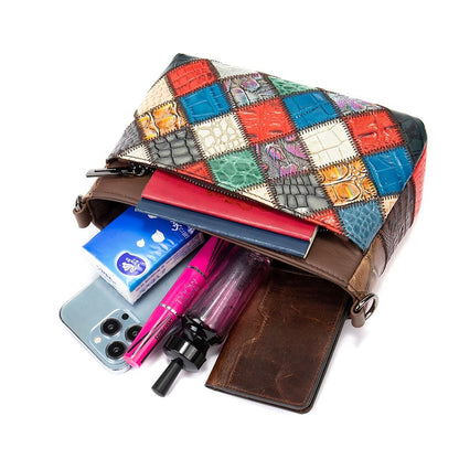 Women’s Genuine Cowhide Leather Vintage Patchwork Shoulder Bag