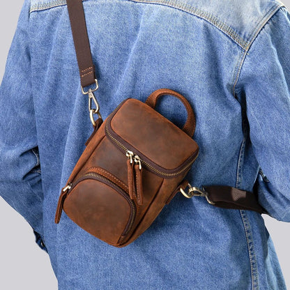 Compact Vintage Crazy Horse Cow Leather Satchel – Men’s Crossbody Messenger