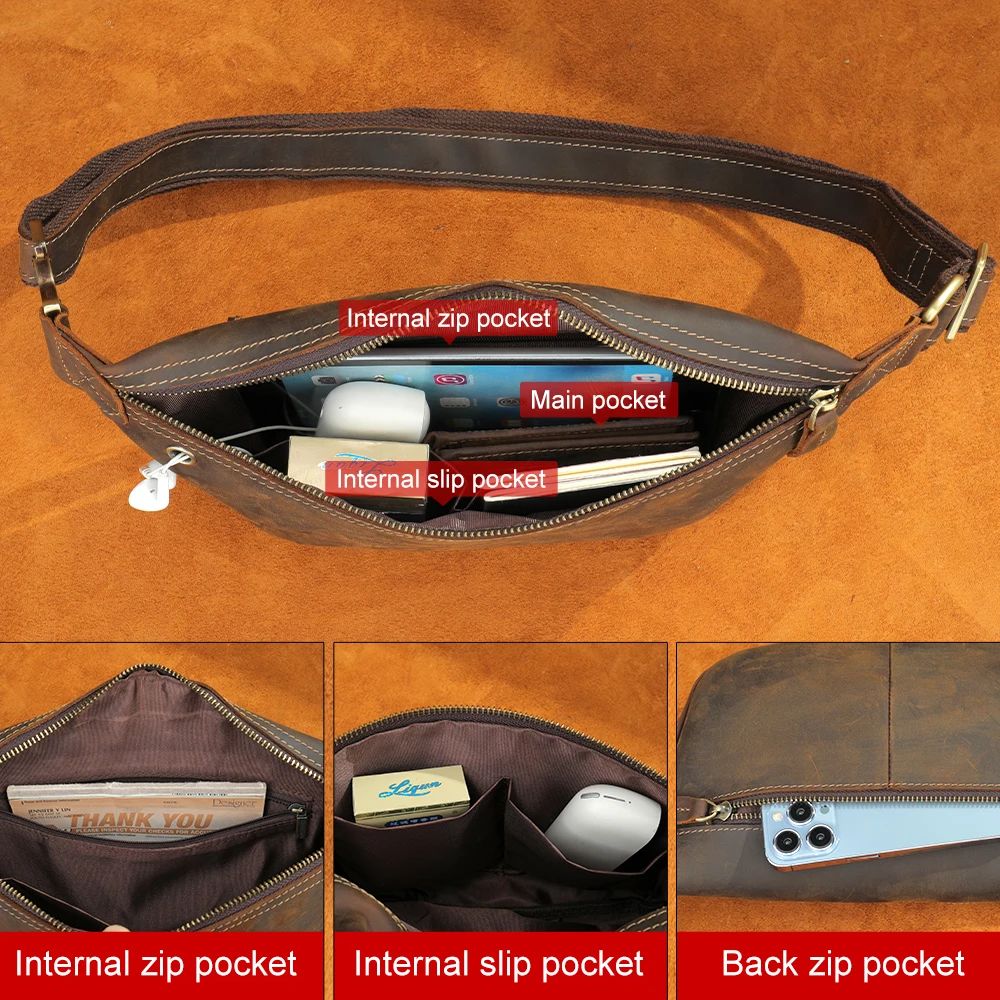 Crazy Horse Cowhide Leather Waist & Crossbody Bag – Men’s Vintage Chest Pouch