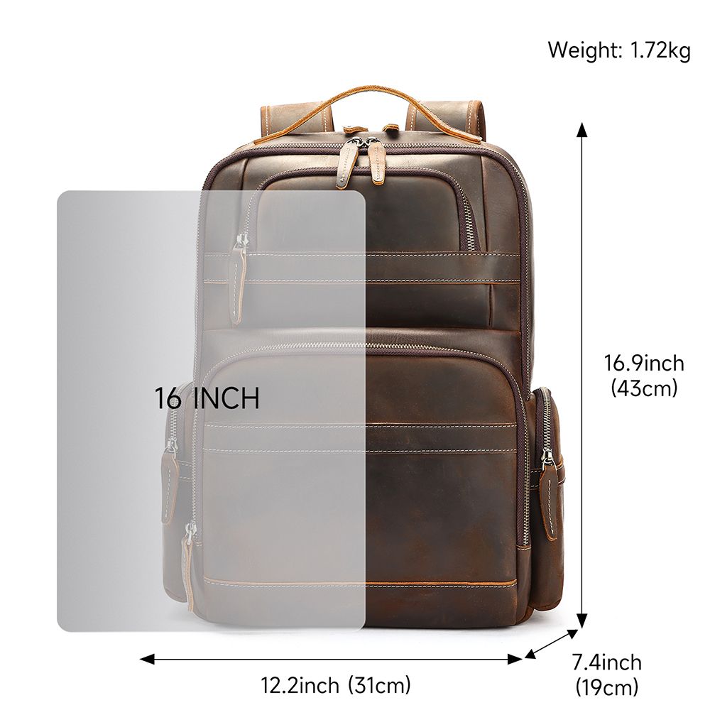 Crazy Horse Genuine Leather 16″ Laptop Backpack – Large Capacity Waterproof Travel & Hiking Bag for Men