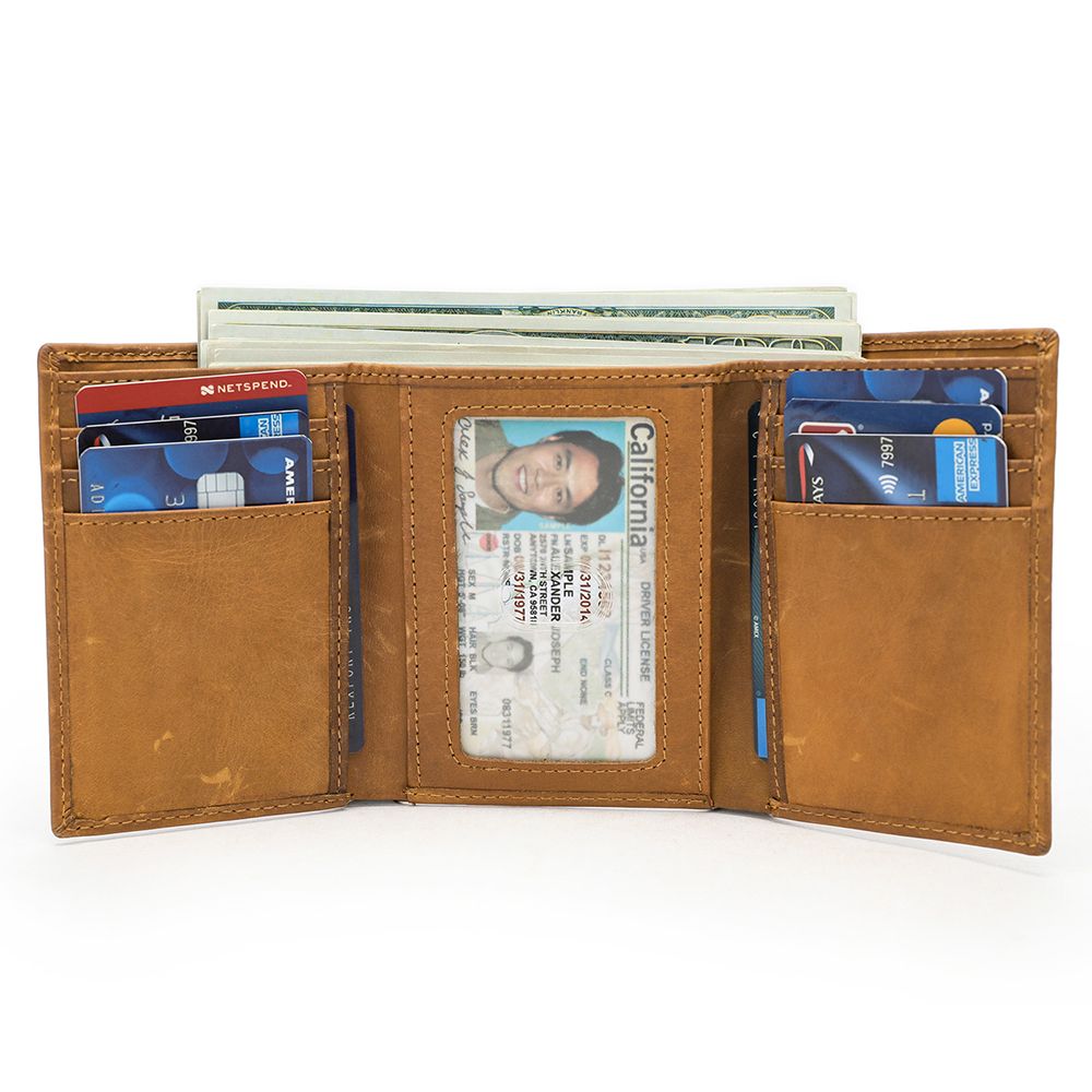 Crazy Horse Genuine Leather Men’s Trifold Wallet – Vintage Slim Design with Button Strap