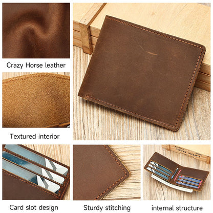 Crazy Horse Genuine Leather Minimalist Slim Bifold Wallet