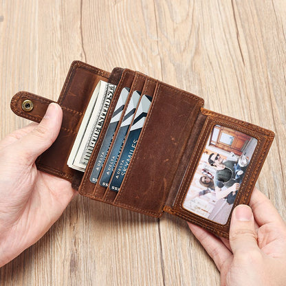 Gentlemen’s Genuine Leather Slim Wallet with Coin Pocket – Vintage Short Card Holder