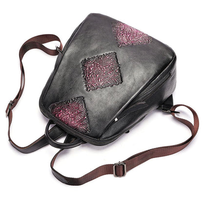 Women’s Genuine Leather Floral Embossed Vintage Backpack
