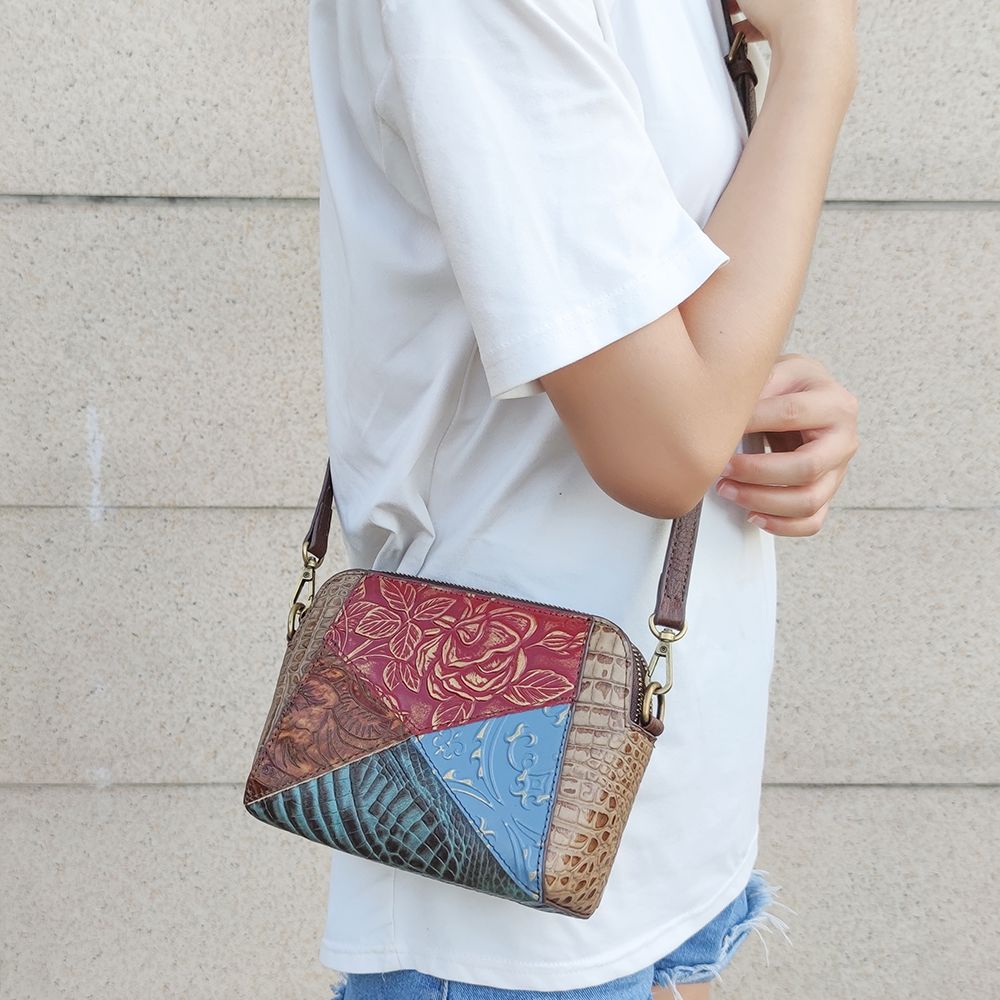 Women’s Genuine Leather Vintage Patchwork Messenger Crossbody Bag