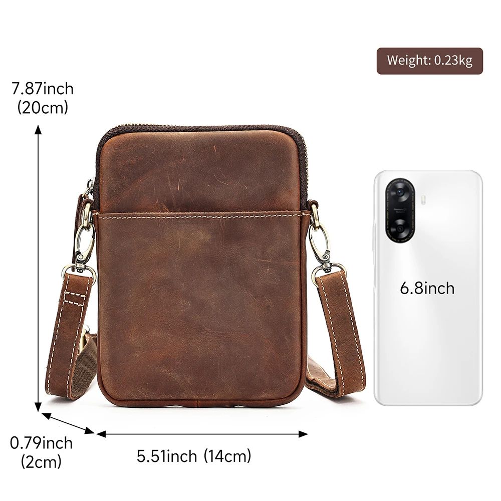 Men’s Crazy Horse Genuine Cow Leather Phone Pouch – Vintage Crossbody Messenger Bag