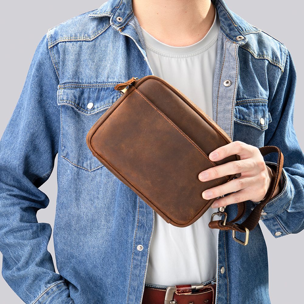 Men’s Crazy Horse Genuine Cow Leather Small Shoulder Bag – Vintage Crossbody Messenger