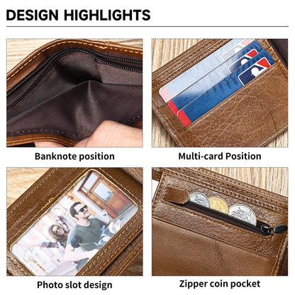 Men’s Leather Short Bifold Wallet with Coin Pocket – Genuine Cowhide Slim Purse