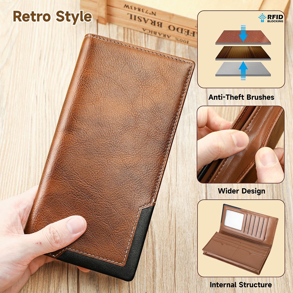 RFID Blocking Genuine Leather Long Wallet with Phone Pocket – Vintage Travel Clutch for Men