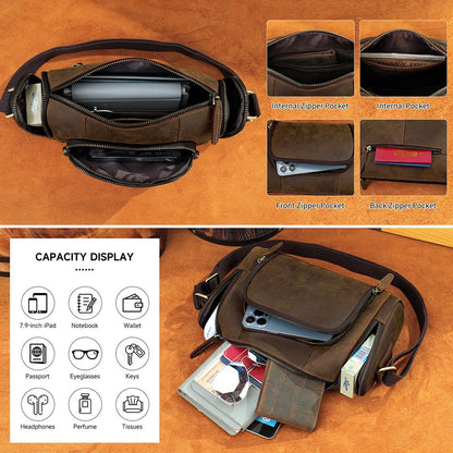 Retro Crazy Horse Cow Leather Square Bag – Men’s Vintage Crossbody Pouch