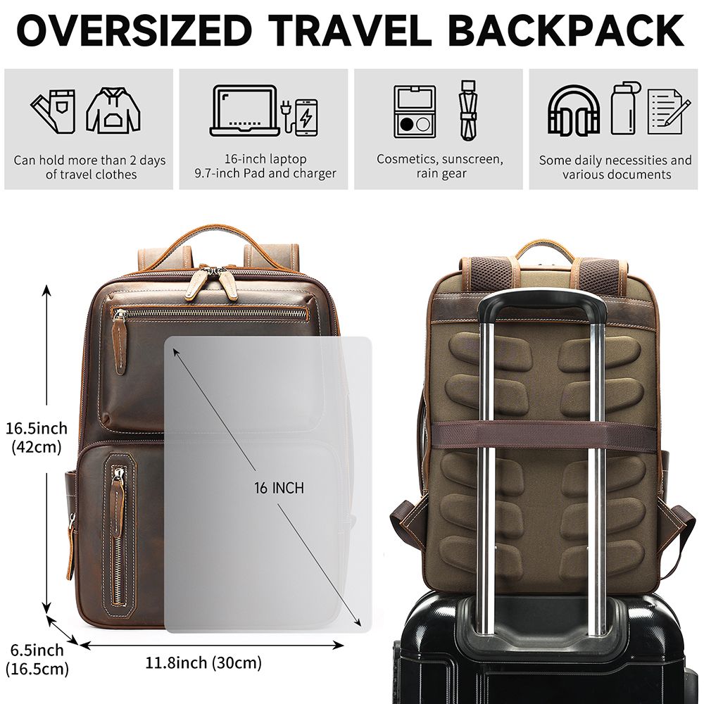 Urbanex Crazy Horse Cow Leather 16-Inch Laptop Backpack – Men’s Large Capacity Travel Backpack