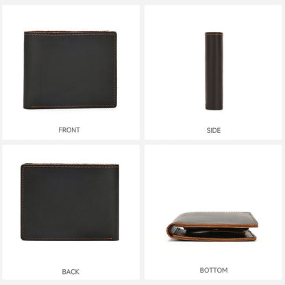 Vintage Genuine Leather Short Bifold Wallet with Coin Pocket – Waterproof Design