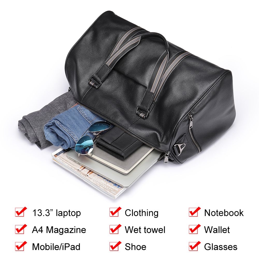 Water-Resistant Crazy Horse Cow Leather Weekend Duffel – Men’s Travel Bag with Shoe Compartment