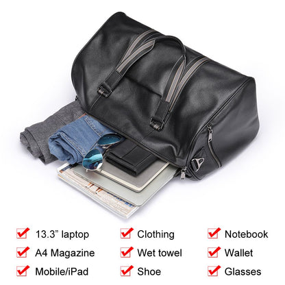 Water-Resistant Crazy Horse Cow Leather Weekend Duffel – Men’s Travel Bag with Shoe Compartment
