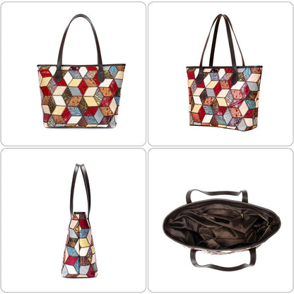 Women’s Genuine Leather Vintage Patchwork Tote Handbag