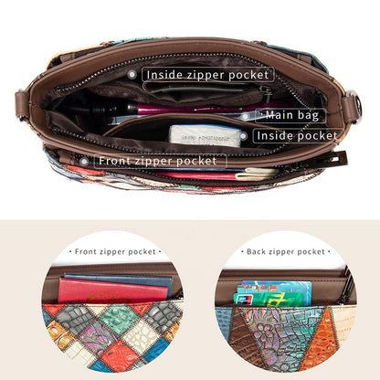 Women’s Genuine Cowhide Leather Vintage Patchwork Shoulder Bag