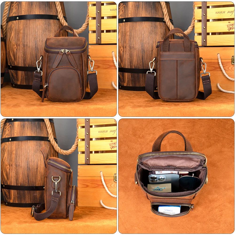 Compact Vintage Crazy Horse Cow Leather Satchel – Men’s Crossbody Messenger