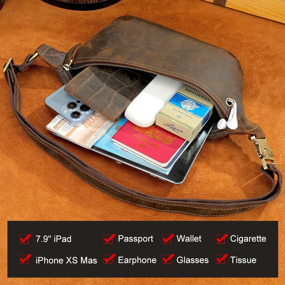 Crazy Horse Cowhide Leather Waist & Crossbody Bag – Men’s Vintage Chest Pouch