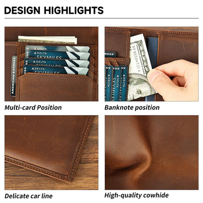 Crazy Horse Genuine Leather RFID Bifold Wallet – Vintage Travel & Passport Holder