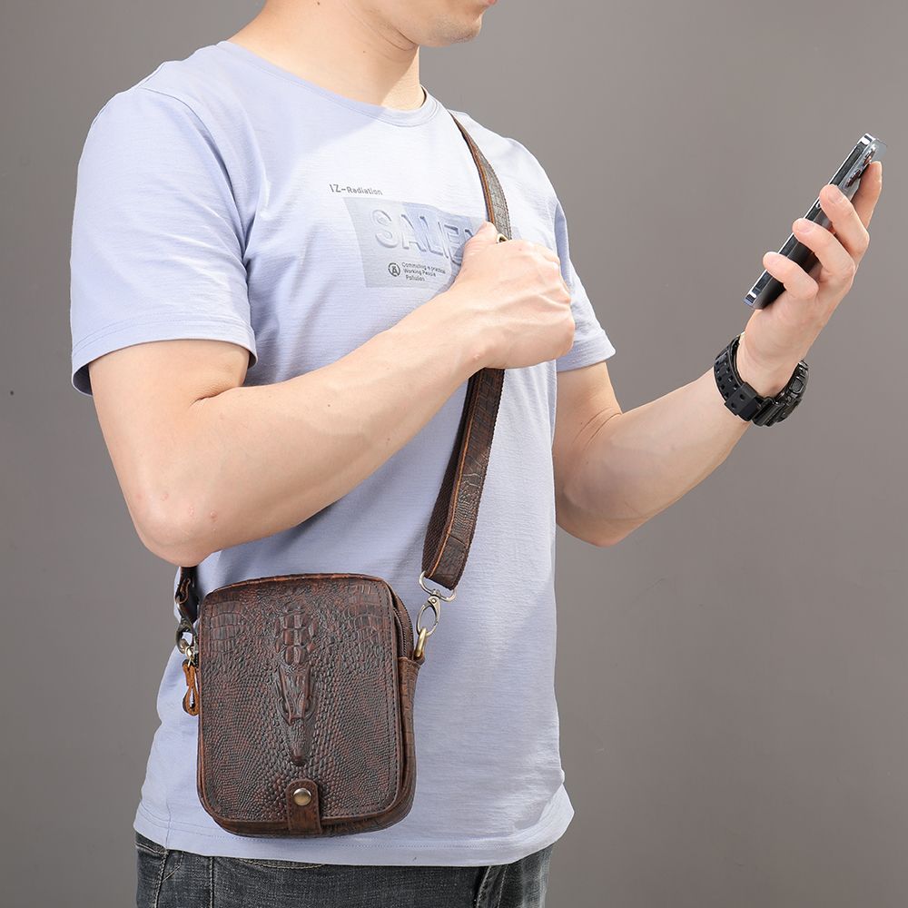 Crocodile-Print Leather Small Crossbody Sling Bag – Waterproof Messenger for Daily Work