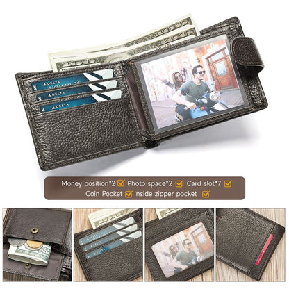 Genuine Cow Leather Short Bifold Wallet with Coin Pocket – Slim & Waterproof